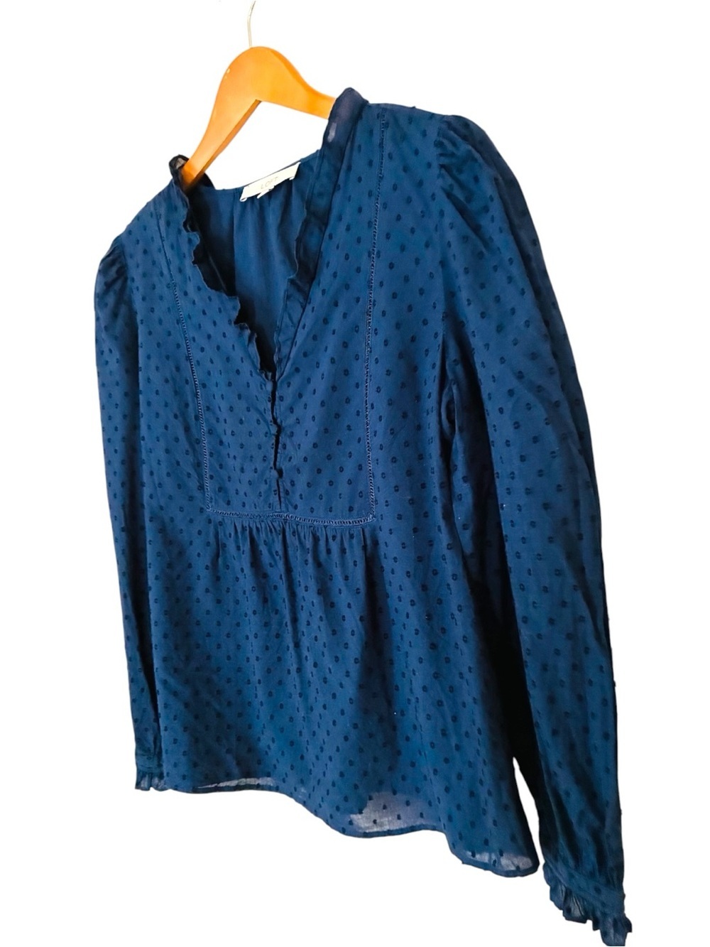 Ann Taylor LOFT Sz SMALL Navy Swiss Dot V-Neck Ruffle Trim Babydoll Blouse Top - Picture 6 of 11